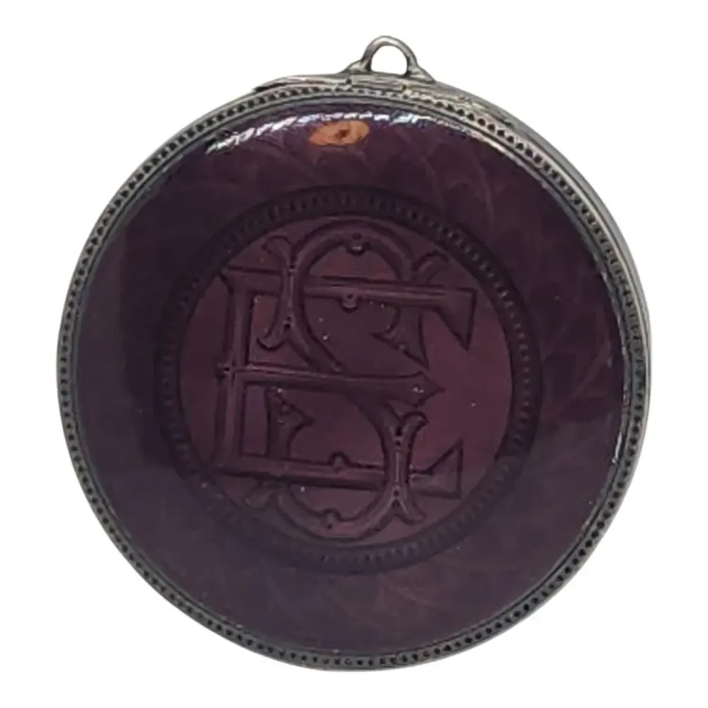 Vintage Elgin American Sterling Silver Guilloche Compact Purple Enamel Monogram